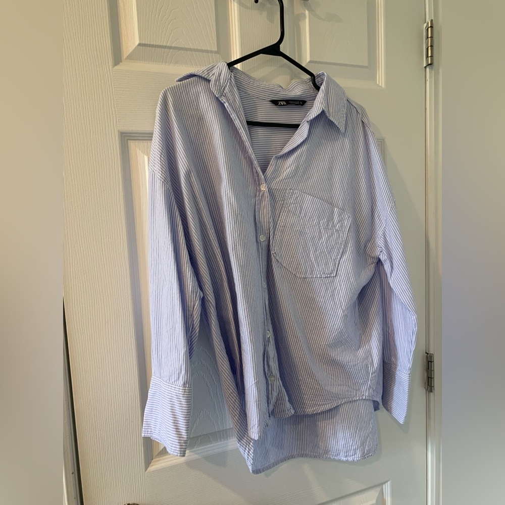 Zara Blue and White Striped Button-Down Shirt